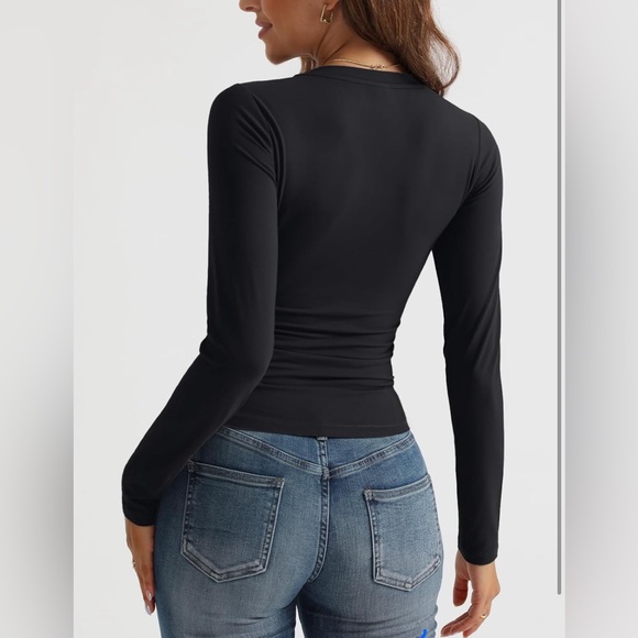 Long Sleeve Shirt V Neck Basics Crop Tops Layering Slim Fitted Y2K - Picture 5 of 6